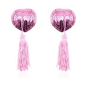 Self-Adhesive Heart Sequin Nipple Cover with Tassel Pink