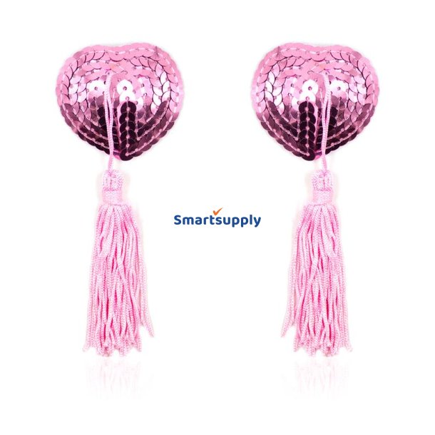 Self-Adhesive Heart Sequin Nipple Cover with Tassel Pink