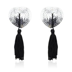 Self-Adhesive Heart Sequin Nipple Cover with Tassel Silver/Black