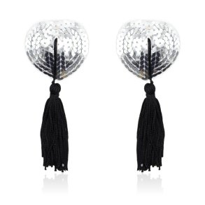 Self-Adhesive Heart Sequin Nipple Cover with Tassel Silver/Black