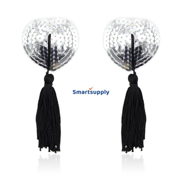 Self-Adhesive Heart Sequin Nipple Cover with Tassel Silver/Black