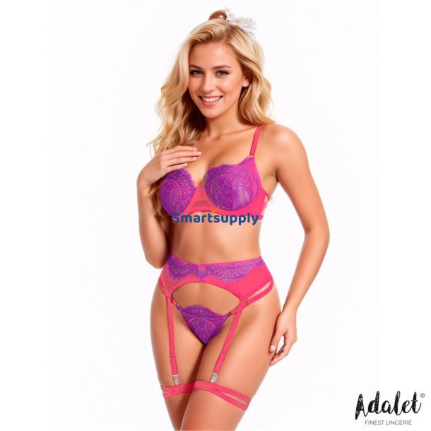 Stella bra, thong, garter belt and garters Set Purple and Pink - S/M