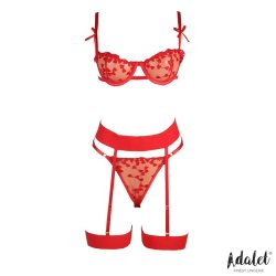 Yvonne bra, thong, and garter belt Set with Hearts Red - S/M