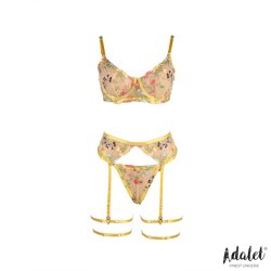 Zoey Bra, Thong, Garter Belt, and Yellow Floral Garters Set - L/XL